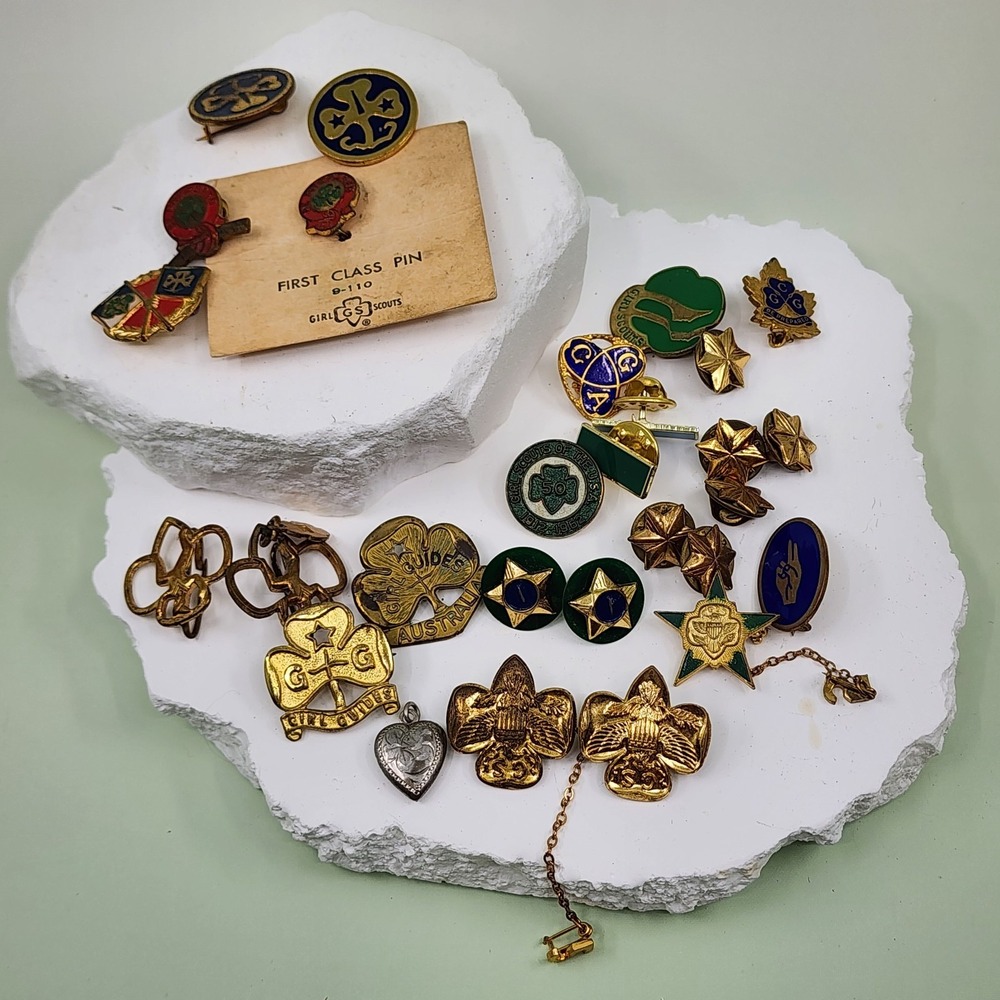 Girl Scouts Vintage Pin Lot Girl Guides USA Canada Australia Collectible Badges